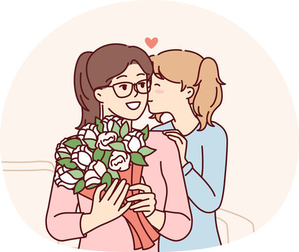 Loving teenage girl gives flowers to mom on eve of eighth of March or mother day. Vector image