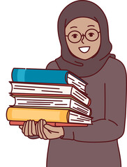 Arab little girl in hijab holds religious books with prayers in hands and looks at screen with smile. Arab child studying in religious school and reading textbooks to learn more about islamic religion