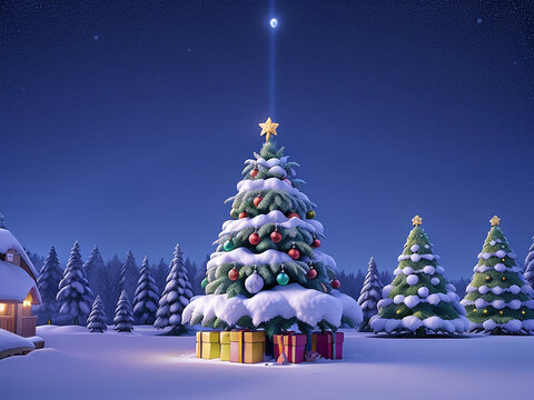 A photo of Christmas Tree And Gift Boxes On Snow In Night Generative AI