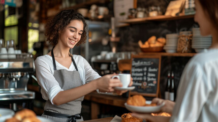 cheerful barista with curly hair is handing over a cup of cappuccino