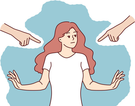 Woman feels embarrassed due to intrusion of pointing hands into personal boundaries, experiencing social pressure. Girl suffers from embarrassment because of people violate personal boundaries
