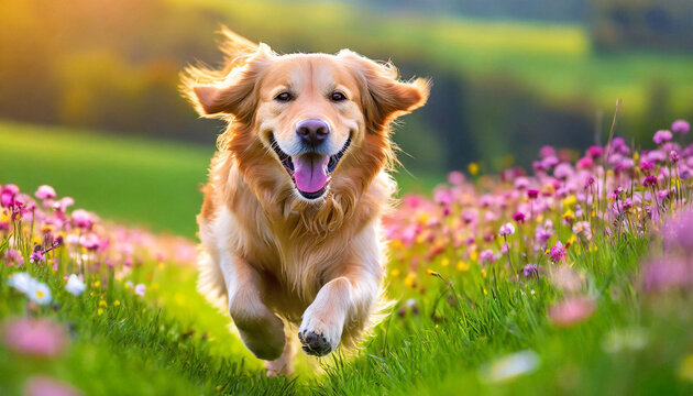A dog golden retriever with a happy face runs through the lush green grass