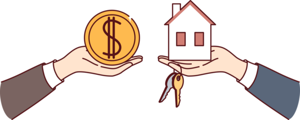 Real estate transaction when buying or renting house, with hands holding money and miniature cottage with keys. Realtor or broker sells apartment to buyer wants to invest in own real estate