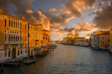 View of Grand Canal and Basilica Santa Maria della Salute in Venice, Italy from Ponte Dell"Accademia