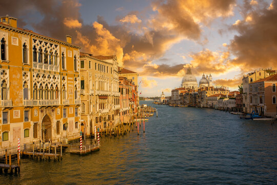 View of Grand Canal and Basilica Santa Maria della Salute in Venice, Italy from Ponte Dell"Accademia
