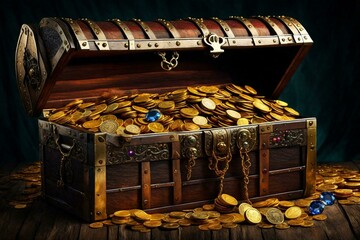 treasure chest full of gold coins and jewelry, Generative AI.