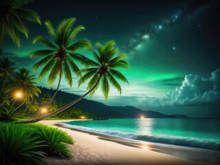 Fototapeta na wymiar A nighttime seascape featuring coconut trees, a verdant lawn along the beach by ai generated