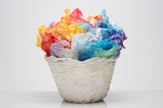 Trash basket with colorful crumpled paper inside with copy space