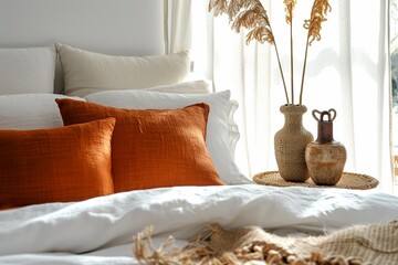 Brown and orange pillows on white bed in natural bedroom interior with wicker lamp and wooden bedside table with vase
