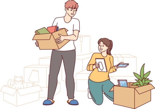 Happy couple moves into new apartment, unpacking boxes and rejoicing at improved home conditions