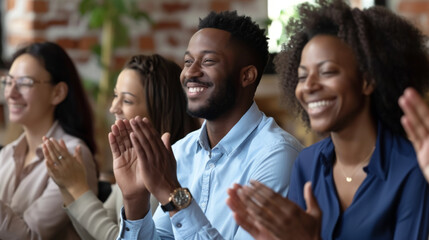 Group of people applauding in a business or formal setting.