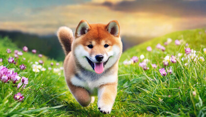 Naklejka na ściany i meble A dog shiba inu puppy with a happy face runs through the colorful lush spring green grass
