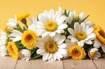 Obraz premium On a wooden light background, a composition of yellow and white flowers. Concept background, mother's day, international women's day, March 8, for advertising,