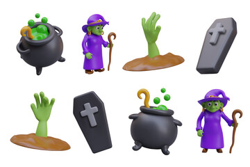 Collection of old witch with green face and purple dress, zombie hand, coffin with cross, and boiling green poison in different positions. Vector illustration in 3d style with white background