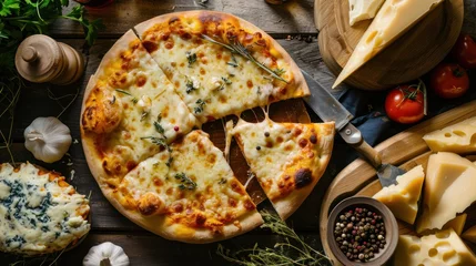 Foto op Canvas Pizza with mozzarella cheese and herbs on a wooden background. Quattro Formaggi Pizza. Four cheese Pizza. Cheese Pull. Pizza on a Background with copyspace. © John Martin