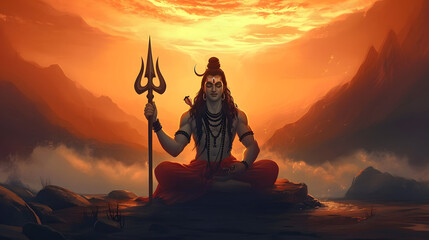 illustration of Hindu god lord shiva doing meditation with his powerful trident, generative - obrazy, fototapety, plakaty