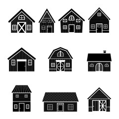 barn or farm house silhouette icon set. storage of grain and agricultural products