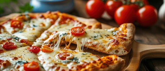 Pizza with mozzarella cheese and herbs on a wooden background. Quattro Formaggi Pizza. Four cheese Pizza. Cheese Pull. Pizza on a Background with copyspace.