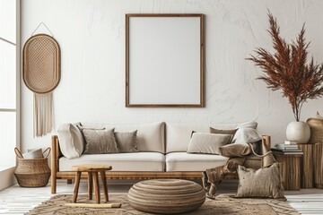 Craeative composition of living room interior with mock up poster frame, beige sofa, wooden commoda, brown plaited plaid, vase with dried flowers, stool and personal accessories. Home decor. Template - obrazy, fototapety, plakaty