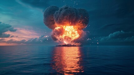 astonishing explosion of a nuclear bomb at sea in case of war - obrazy, fototapety, plakaty
