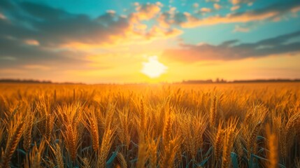 beautiful landscape of a wheat field with a beautiful sunset with rays of the sun during the day in high resolution - obrazy, fototapety, plakaty