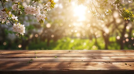 Wooden table or bench on green blurred background. Outdoors. AI generated illustration