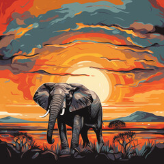Elephant at Sunset in Savannah Illustration