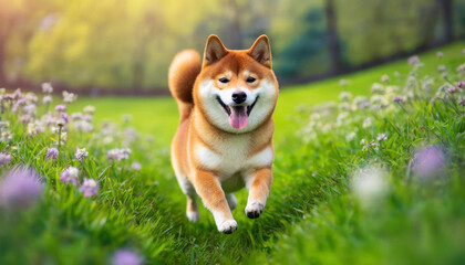A dog shiba inu with a happy face runs through the colorful lush spring green grass