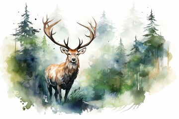 Artistic overlay of deer and forest with watercolor effect. Generative AI