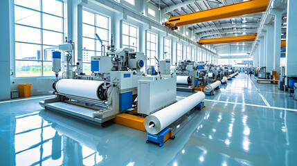 Paper Manufacture: Industrial Machinery in a Factory Producing Rolls of Paper, Symbolizing Innovation - obrazy, fototapety, plakaty