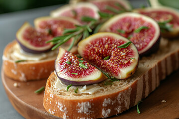Buttered slices of bread with sliced figs on wood.