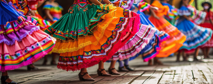 Traditional Mexican dancers in colorful costumes perform a lively dance, 
their skirts creating a vibrant display against a blurred background, Vibrant Mexican Dance Celebration
