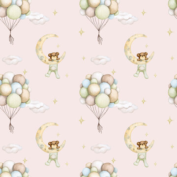 Baby seamless pattern on a beige background. Baby bear on the moon and hot air balloons. Watercolor background. Childrens party, baby shower, birthday. Design of wallpaper, wrapping paper, fabric..