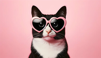 happy cute cat with a heart shaped sunglasses for valentine day, birthday or anniversary, on a pink background	

