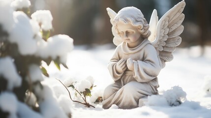 Little angel baby statue on snowy cemetery sitting on the snow next to white flowers