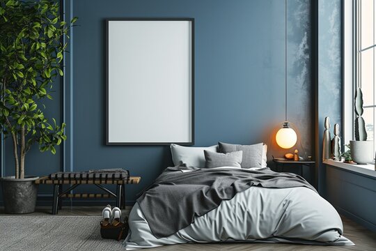 Creative composition of warm bedroom interior with mock up poster frame, blue wall, gray bedding, stylish armchair, bench, slippers, black desk, lamp and personal accessories. Home decor. Template