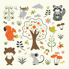 Collection of forest animals and plants . Vector design of doodles in cartoon style.