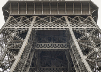 Architectural detail design of the famous Eiffel Tower iron structure. Close-up of the framework of the Eiffel Tower in Paris, France, Space for text, Selective focus.