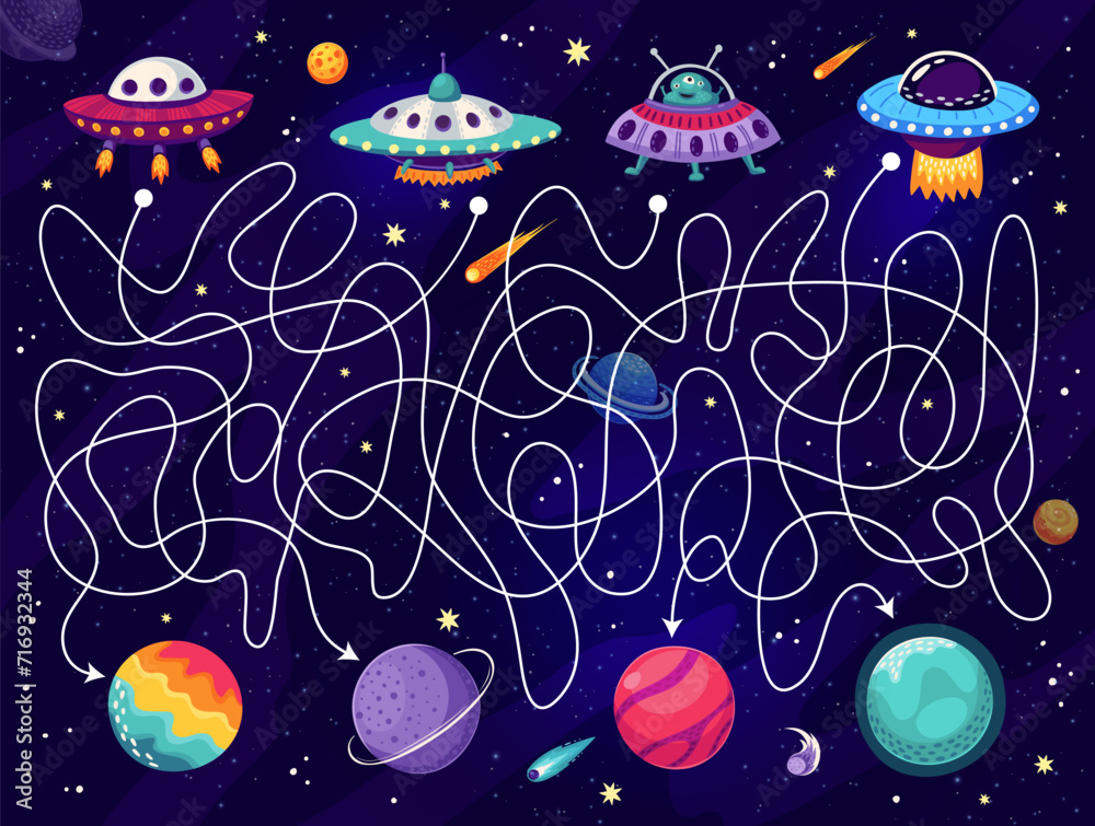 Poster space labyrinth maze game, help to alien ufo find planet, vector quiz puzzle for kids. help to marti