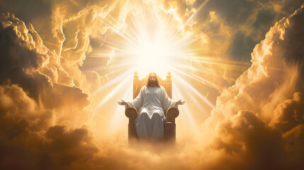 Jesus on a throne in heaven with bright light behind - obrazy, fototapety, plakaty