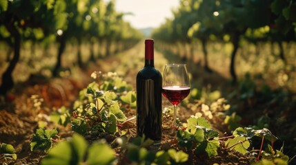 Generative AI, red wine bottle mock up with wine glass on vineyard landscape in the sunshine, copy space and place for logo	
 - obrazy, fototapety, plakaty