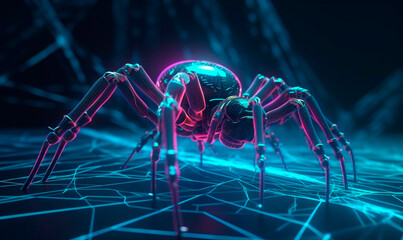 Purple cyberspider on digital web background. Glowing 3d techno insect with neon force field creates glowing network to protect and hack system