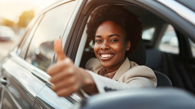 Woman Sitting in Car Giving Thumbs Up to Photographer, drive insurance concept. 