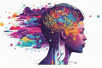 Colorful artistic illustrations that represent the brain and conscious with woman face. Mental health concept. - obrazy, fototapety, plakaty