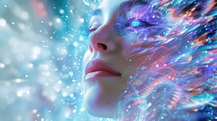The contemplative expressions on a woman's face in a holographic dreamscape