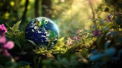 Obraz na płótnie Canvas The Earth globe amidst a sanctuary of thriving environmental vitality