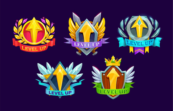 Game interface level up badges and win icons with arrows, vector ui assets. Cartoon gold upward arrows on shields with golden crown, wings, swords and laurel wreath. Level complete rank buttons set