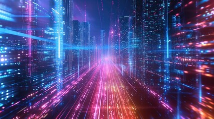 The futuristic city illuminated by a network of vibrant data pathways