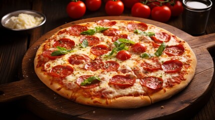 Delicious mouth-watering cheese pizza with pepperoni sausages on a wooden table in a home kitchen. Italian food restaurant.