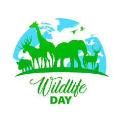 Wildlife day vector poster, wild animals green silhouettes on Earth globe. Biological diversity boar, moose, giraffe and elephant with reindeer and hare forest and african animals planet fauna holiday